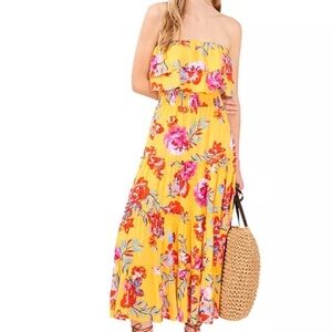 1STATE Yellow Floral Print Strapless Ruffled Tiered Summer Dress Size Small